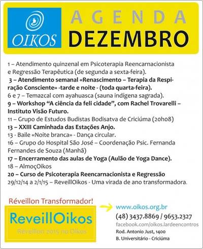 Oikos divulga agenda para dezembro
