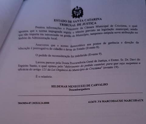 Justiça concede liminar sobre preenchimento de cargos de diretores em escolas municipais de Criciúma