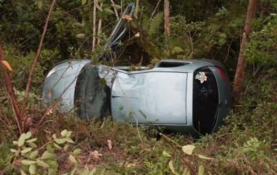 Motorista sai da pista, capota e cai em ribanceira na SC-390, em Lauro Müller