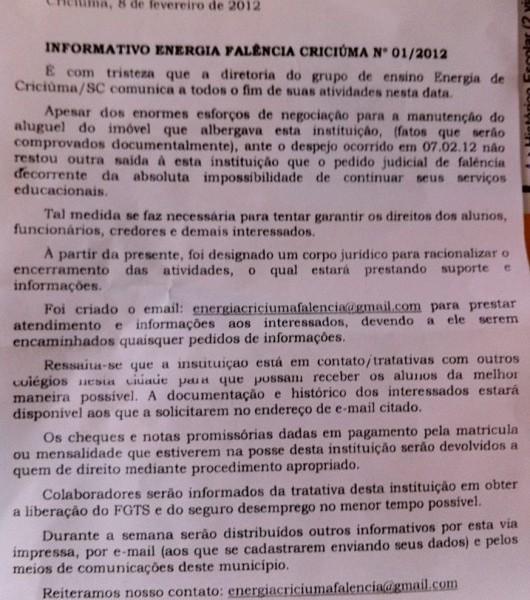 Nota sobre possível pedido de falência do Energia circula entre internautas