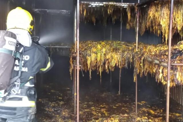 Bombeiros são acionados após estufa de fumo ser atingida por incêndio