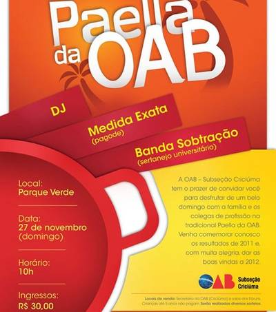 Paella da OAB e grupos musicais no Parque Verde neste domingo